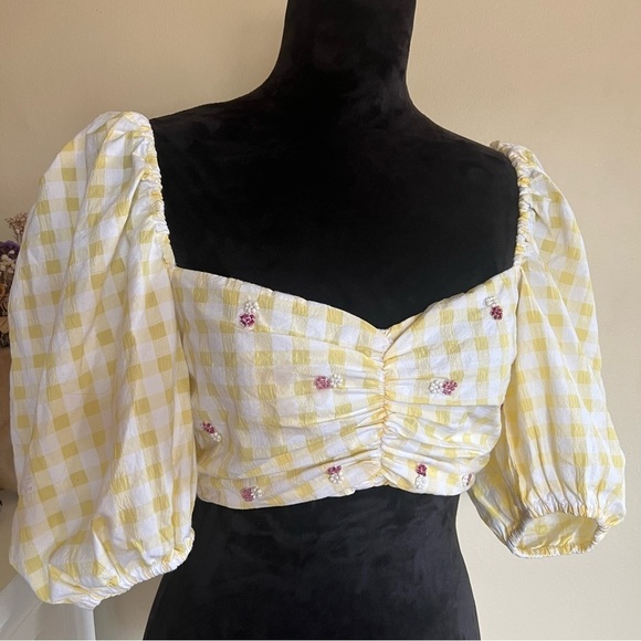 Zara Gingham Plaid Beaded Crop Top Open Back Puff Sleeves Yellow XL - Picture 6 of 8